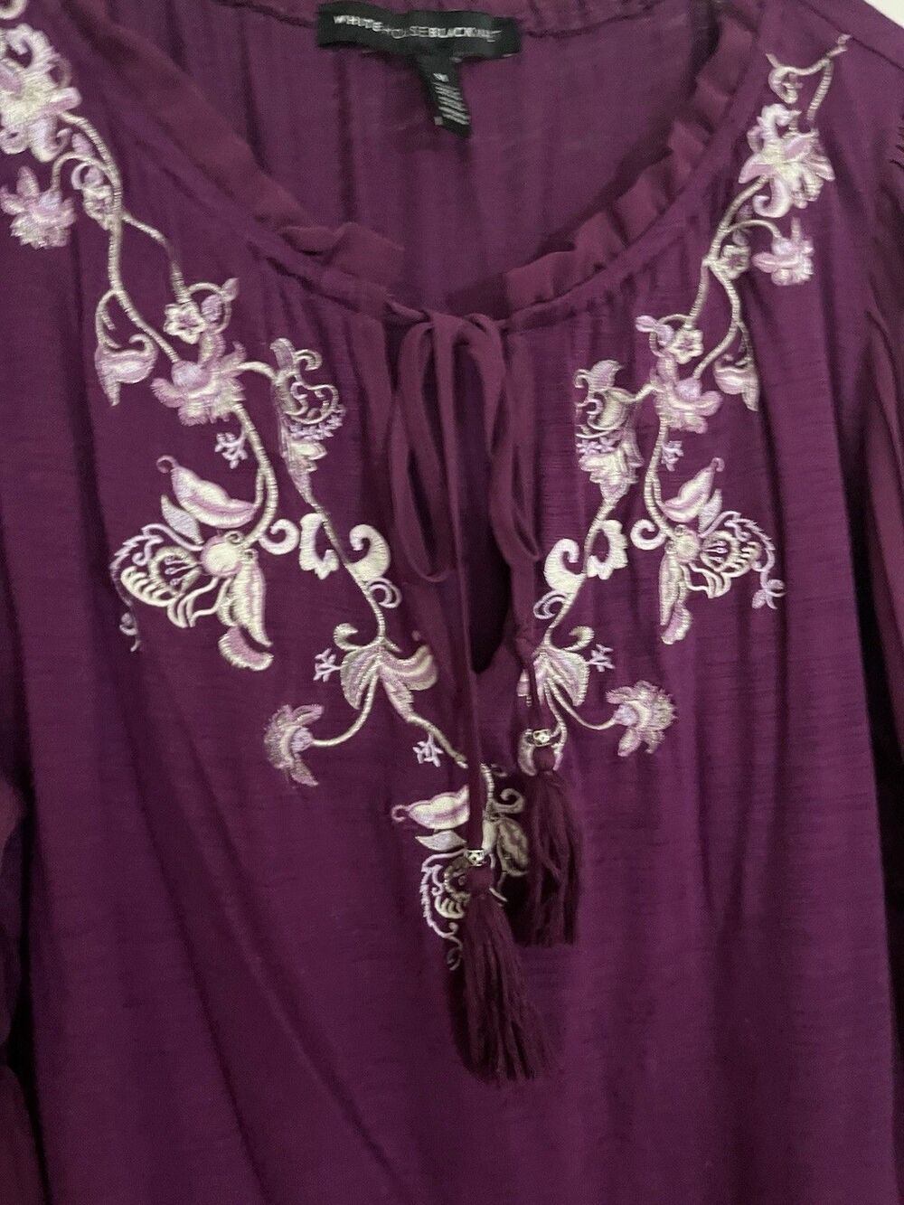 White House Black Market pleated sleeve embroidered top Whimsigoth Boho Size M - Picture 4 of 7